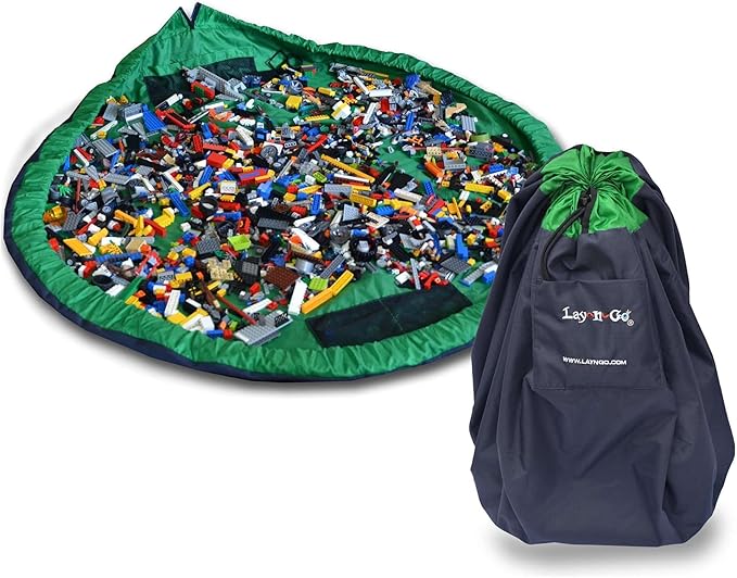 Lay-n-Go Layflat Portable Drawstring Cinch Storage Toy & Mini Figures Organizer & Play Mat, Mesh Pockets, Home & Travel, Kids & Toddlers Playdates, 2 Straps for Backpack, Durable, Machine Washable
