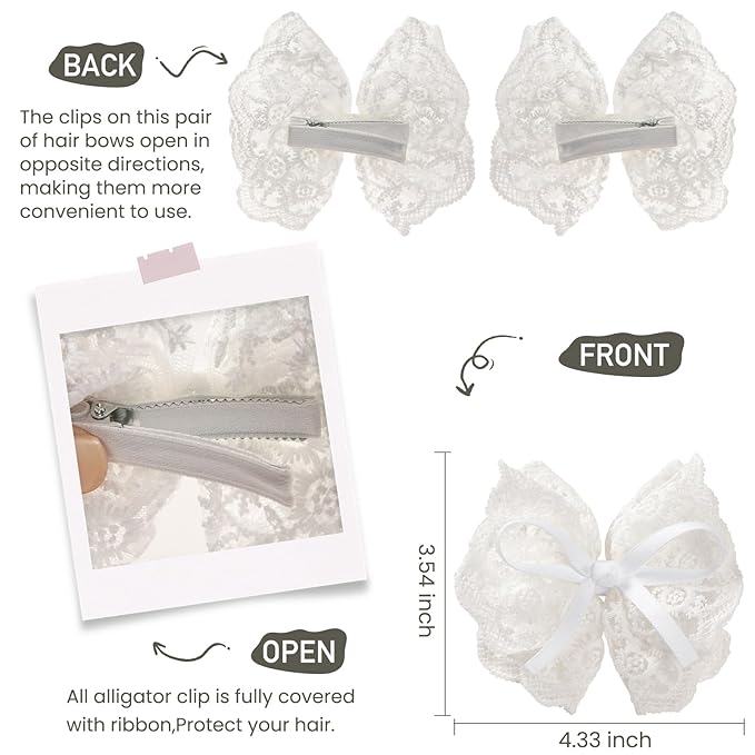 2pcs white hair bow clips for girls. White lace bow with hair ribbon, fully lined alligator clips. Handmade hair accessories for girls.