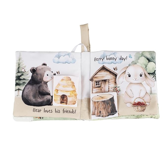 Ali+Oli Baby Cloth Book – Soft Sensory Crinkle Book with Teether for Infants 0-12 Months – Early Learning Touch & Feel Tummy Time Toy – Newborn Shower Gift for Boys & Girls - Forest Friends