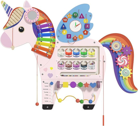 Spacocld Unicorn Activity Wall Busy Board Panels - Sensory Wall Panel for Kids, Montessori Toddler Wall Activity Board, Wall Toys for Toddlers 3, Activity Cube, Perfect for Toddler Playroom, Pink