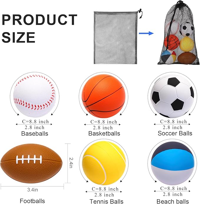 Mini Sports Balls Set of 6 Foam Ball for Kids 2.8 inch Soft Balls for Toddlers with Bag Includes Soccer, Basketball, Football, Baseball ,Tennis and Beach ball- Throwing Toys for Baby Boy and Girl