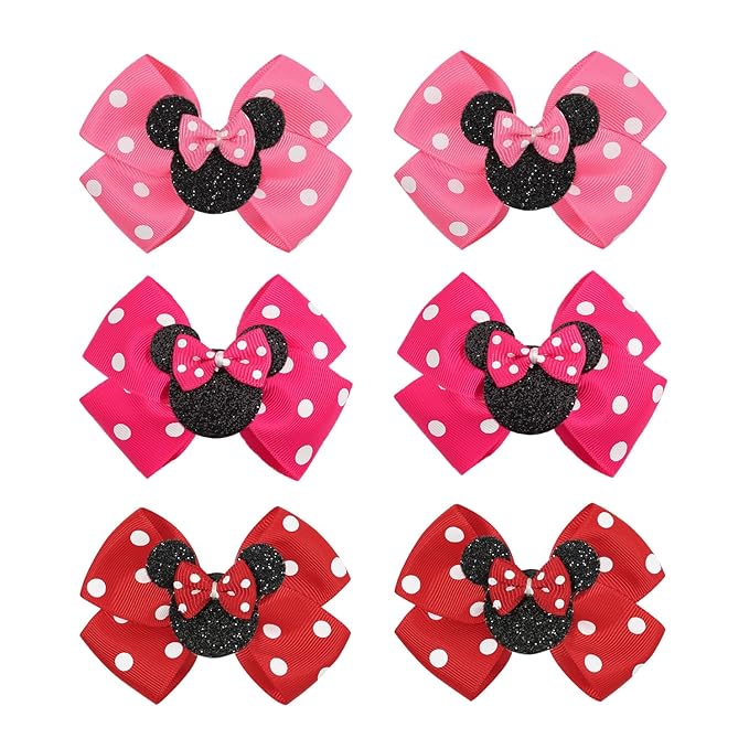 Ayesha Mouse Ears Hair Clips, 3 Inch Grosgrain Ribbon Mouse Bow Hair Clips for Girls, Hair Accessories for Baby Girls, Toddler Kids, Costume Birthday Party