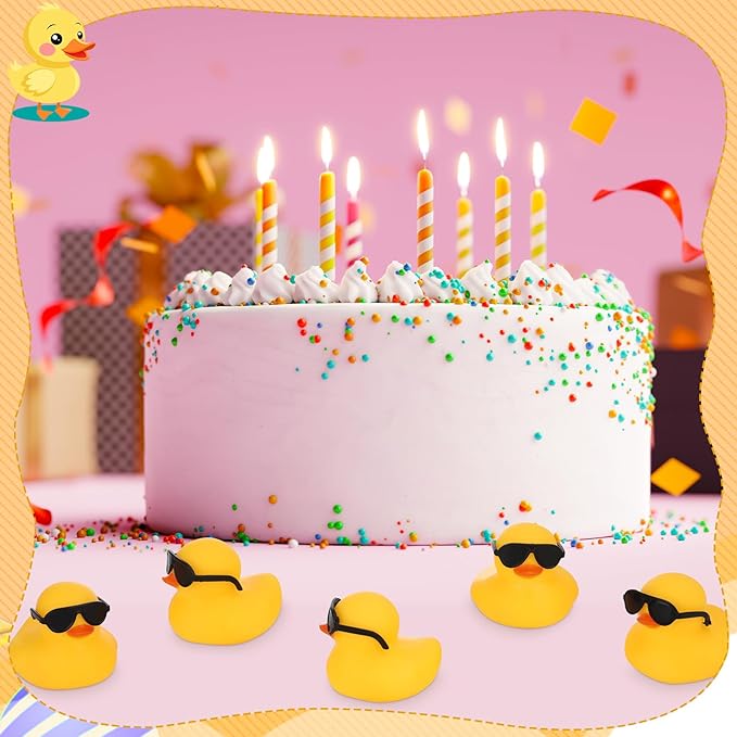24 Set Mini Rubber Ducks with Sunglasses, Tiny Rubber Ducks Bulk for Car Dashboard Decorations Cruise Birthday Party Favors (Yellow)
