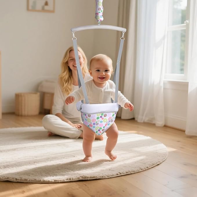 Slevoo Baby Jumper, with Ceiling Hook, Quick-Entry and Space-Saving Portable Infant Jumper for Small Spaces, Joyful Bubbles