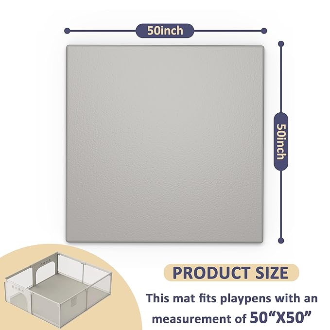 Vegan Leather Baby Play Mat, 50x50 Thicken Foam Cushioned & Waterproof Playpen Mat for Infants and Toddlers, Extra-Large Tummy Time Mat for Tummy Time Training and Early Walking, Light Gray