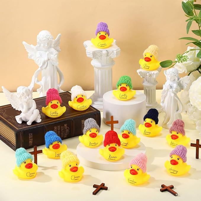 MiniInflat 12 Pcs Christian Mothers Gift Rubber Ducks Bulk with Bible Verses and Knit Hats Church Gifts Mini Religious Inspirational Duck Toys for Graduation Family Women Men Church Party (Yellow)