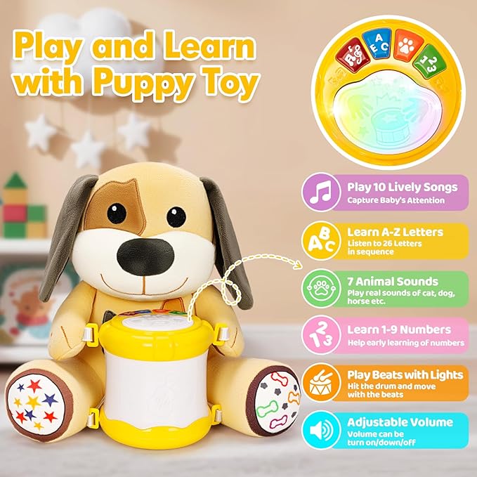 V-Opitos Stuffed Dog Musical Toys for Baby 6-12 Months+, Early Learning Light up Music Drum, Perfect Christmas Birthday Gifts for Boy & Girl Age 1, 2 Years Old