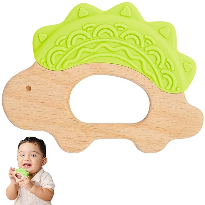 Baby Must Haves – Baby Teething Toys and Teether for Soothing Relief – Perfect for teething toys 3-6 months and Shower Gifts – Soft, BPA-Free, Ergonomic Dinosaur Wood Design.