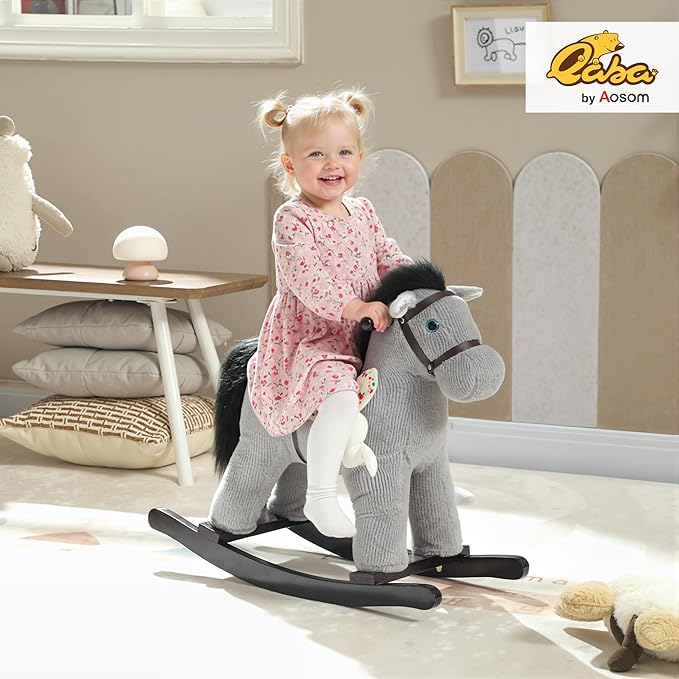 Qaba Rocking Horse, Kids Plush Animal Rocker with Realistic Neighing Sound for Toddlers 2–5 Years Old, Soft Filling Ride on Horse with Rabbit Toy, Gray