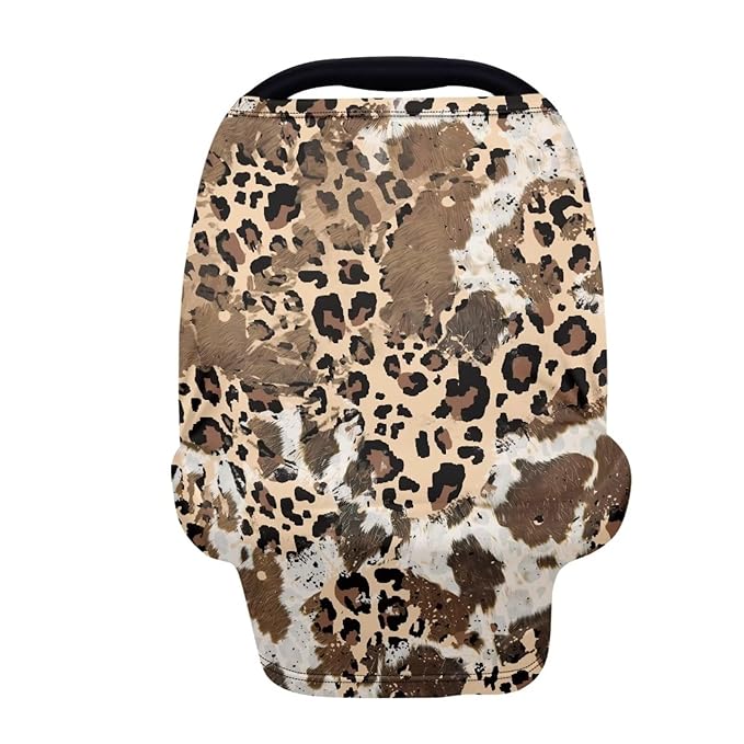 Binienty Leopard & Cow Print Nursing Cover Breastfeeding, Vintage Cozy Car Seat Covers for Baby Stroller Canopy Stretch Scarf for All-Season Use