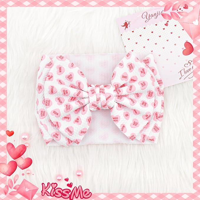 YanJie 7'' Valentines Hair Bow for Baby Girls Love Heart Double Layered Headbands Valentine Hair Accessories for Infants Pink Headband Cute Bowknot Barrettes Hearts Outfit