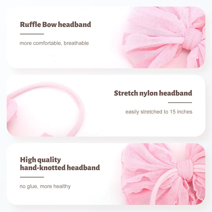YanJie Nylon Elastic & Lace Hairband - Soft Baby Hair Bows Headbands for Girls Infants & Toddlers, 3 Pack - Black, White, Pink