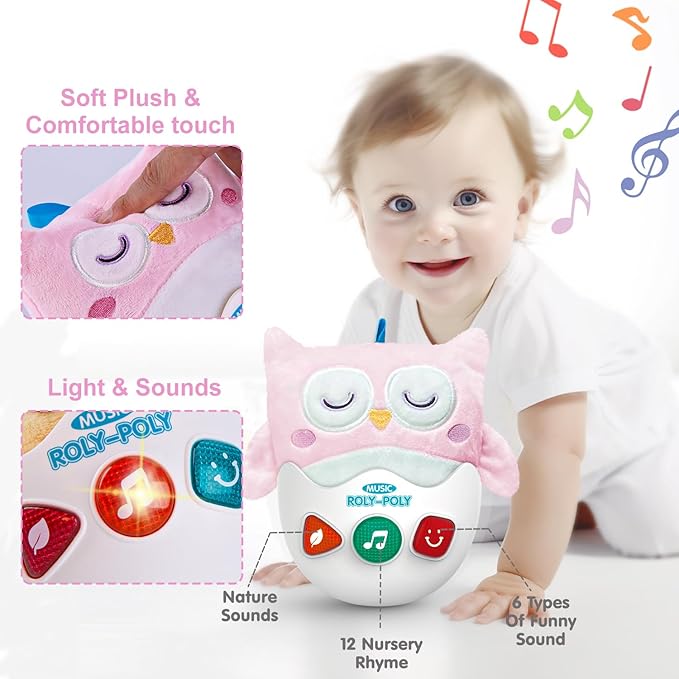 Baby Toys 0-6-12 Months, Plush Owl Stuffed Animal Musical Toys with Light & Sounds, Infant Roly-Poly Sensory Toy, Baby Shower Birthday Valentines Day Easter Egg Gift for Newborn Boys & Girls