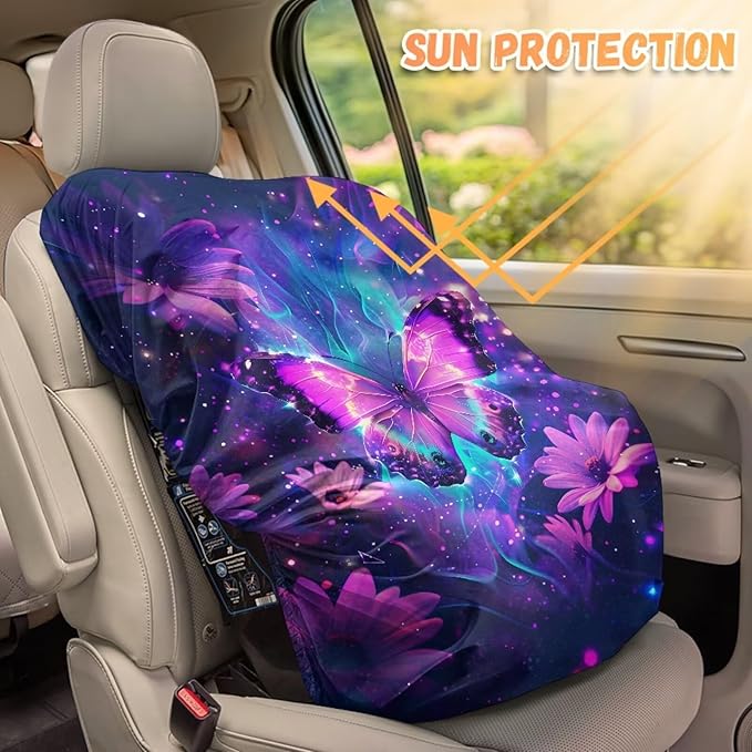 Baby Car Seat Cover for Travel, Purple Butterfly Carseat Covers Baby Washable Infant Car Seat Protector Reusable Car Seat Sun Cover for Baby Soft Toddler Car Seat Accessories