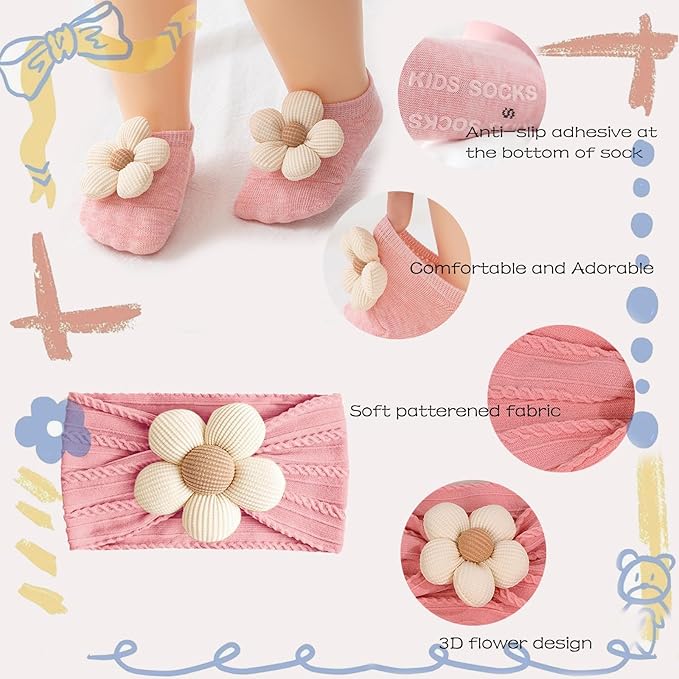 WillingTee Baby Girl Headband and Socks, Non-Slip Floral Socks and Soft Floral Nylon Hairbands for Babies Infants and Toddlers 0-12 Months