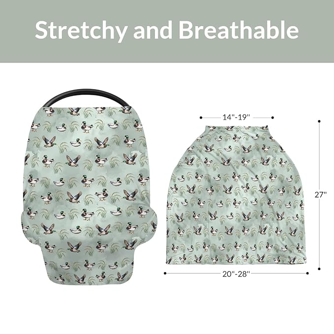 Vintage Mallard Duck Car Seat Cover for Babies Hunting Duck Green Leaves Stretchy 5-in-1 Cover Adjustable Infant Carseat Canopy Cover Wild Duck Animal Breathable Nursing Cover-Up