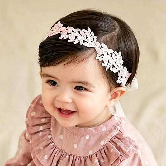 Baby Girls Hairband White Bow Lace Headbands Handmade Soft Stretchy Wide Head Band Newborn Hairbands with Bows Pearls Elastic Headband for Infant Hair Accessories（White Flowers）