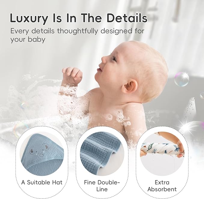 PHF 100% Muslin Cotton Baby Hooded Towels, 2 Pack Bath Towel with Hood for Newborn, Infant, Toddler, Ultra Soft and Absorbent Baby Bath Essentials, Shower Gifts for Boys, 32x32Inch, Woodland