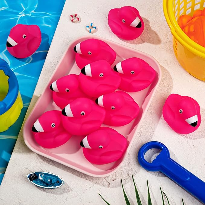 Flamingo Rubber Duckies for Kids, 50PCS Pink Flamingo Duck Bath Toys Cute Floating Squeaky Mini Rubber Ducks for Baby Shower, Cake Decoration, Classroom Carnival Prizes