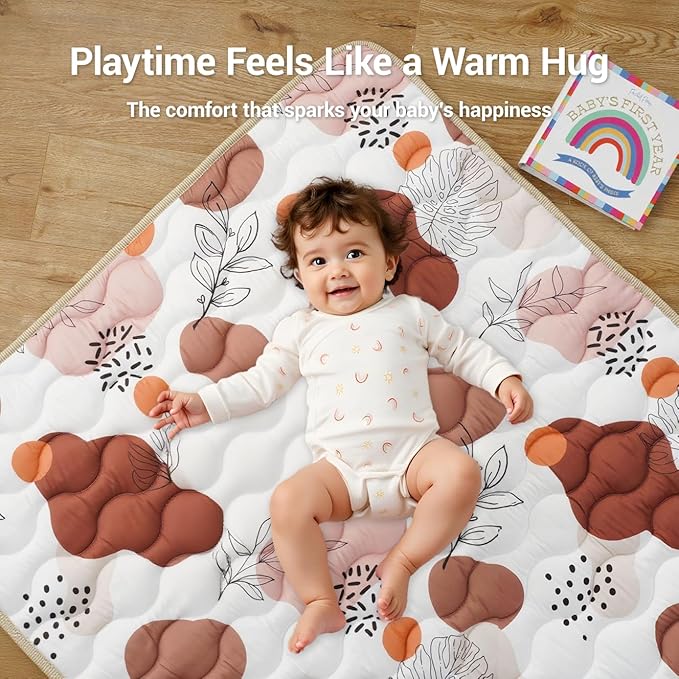 Bunnikins & Clover Baby Play Mats for Floor, 71"x59" Thicken Soft Play Mat for Babies 6-12 Months, Foldable and Non Slip One-Piece Crawling Mat, Washable Foam Playmat for Baby, Tummy Time
