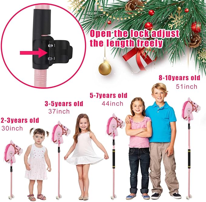 Stick Horse, Hobby on a Stick for Children Ages 4-12 Adjustable 30-51" Length with Illuminated Silent Wheels Comfortable Sponge Wrapped complimentary Battery Realistic Horse neighs.
