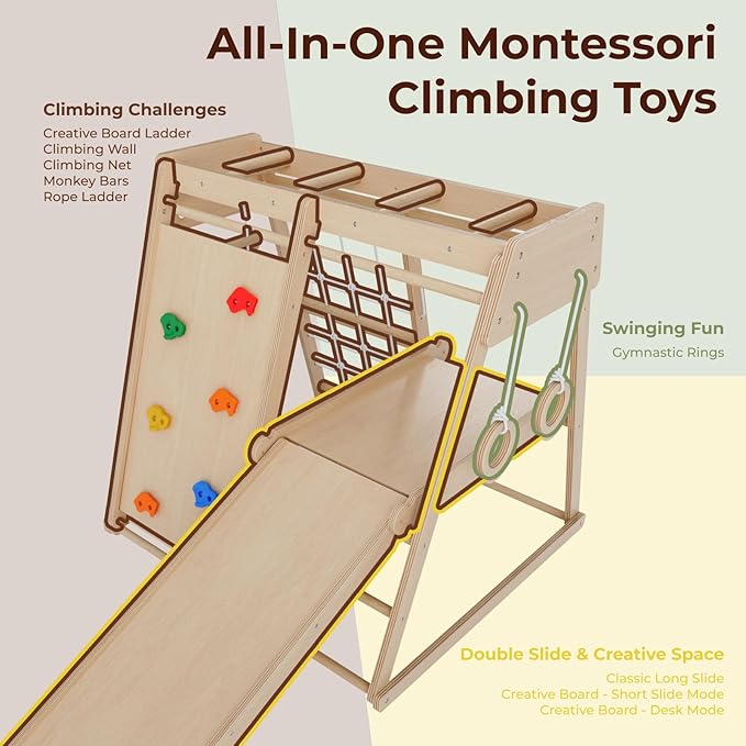 Indoor Jungle Gym for Toddlers Ages 1-4, Wooden Montessori Climber Playset w/Slide, Climbing Net, Monkey Bars, Rope Ladder- Indoor Playground Birthday Gift