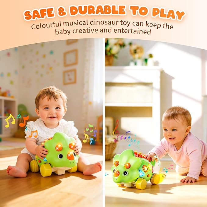 Musical Dinosaur Toys for Baby, Toddler Crawling Toys with Light & Sound, Educational Toy Birthday Gift for Infant 1 2 Year Old Boys Girls