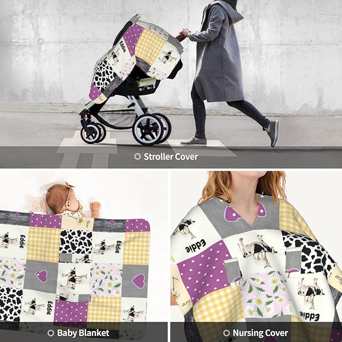Personalized Farm Cow and Flower Plaid Baby Infant Car Seats Canopy for Babies with Name, Custom Multi-use Blankets for Baby Boys Girls, Peekaboo Minky Nursing Stroller Cover Canopies for Newborn
