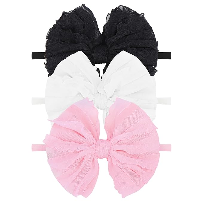 Baby Girls Headbands Bows Newborn Lace Hair Bow Hair Accessories for Infant Baby Girls Headband Toddler Black White Light Pink 3Pcs