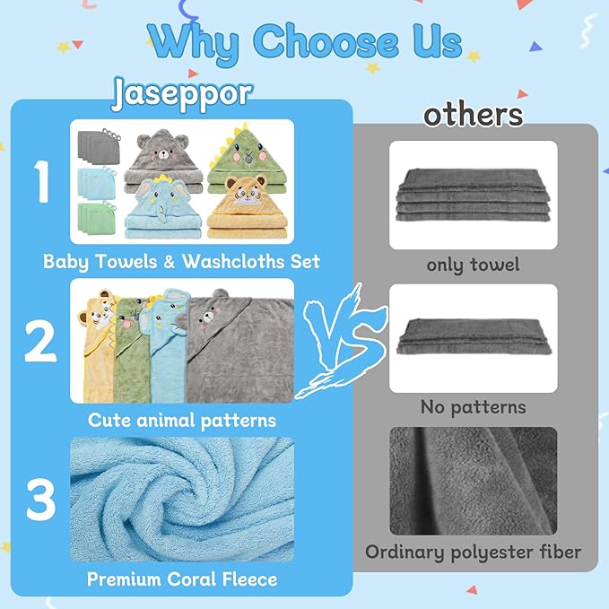14 PCS Baby Bath Towels Set, 4 PCS Large 31"x31" Animal Hooded Towels & 10 Washcloths, Thick & Ultra Absorbent for Newborns Infants Toddlers 0-5 Years, Soft for Boys