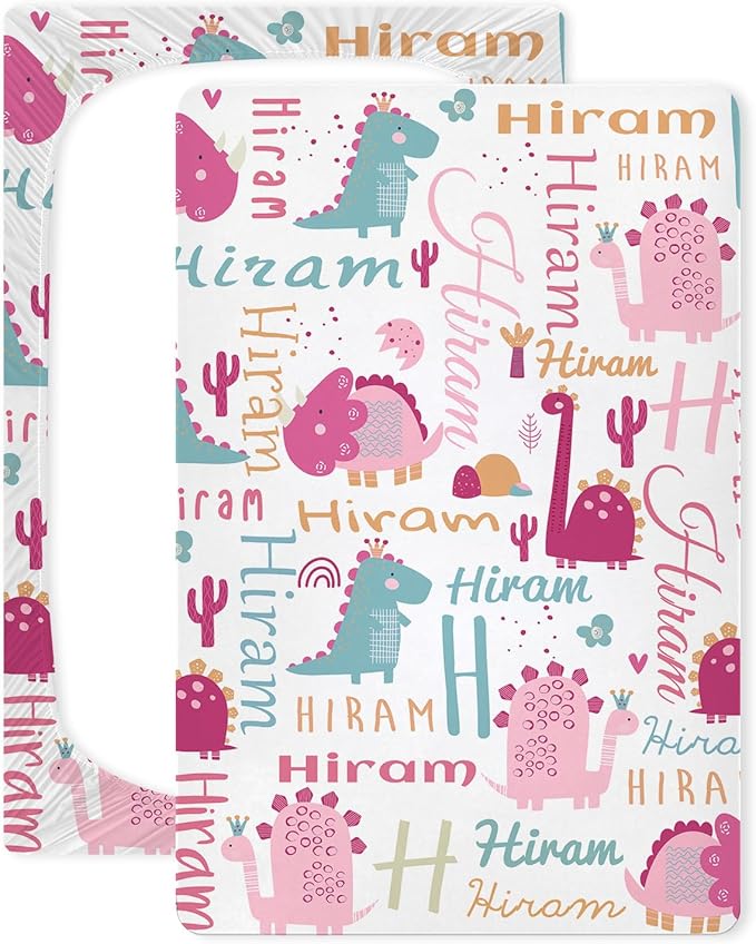 Personalized Pink Dinosaur Pack and Play Sheets for Baby Girls Boys, Custom Mini Crib Fitted Sheet with Name, Customized Name Multiuse Sheets for Pack & Play, Playard, Playpen, Mini Crib Mattress
