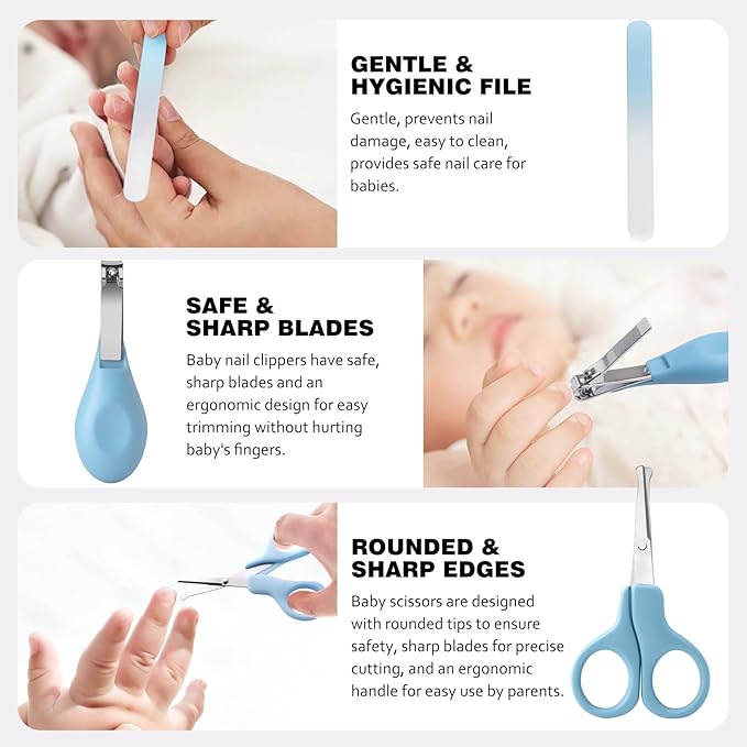 Baby Grooming Kit,Baby Health Care Kit,Baby Brush Soft Bristles 5 pcs Baby Nail Kit Nursery Care Kit Baby Hair Brush Hair Comb Nail Kit Safety Cutter Nail Clipper Set Blue