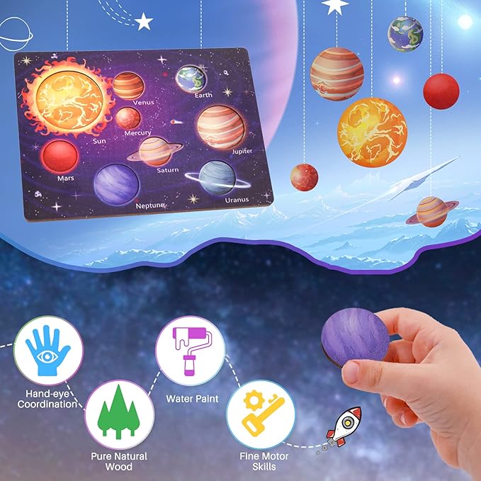 Zeoddler Upgrated Solar System Puzzle for Kids 3-6, Wooden Space Toys, Planets for Kids Preschool Learning Activities, Gift for Boys, Girls