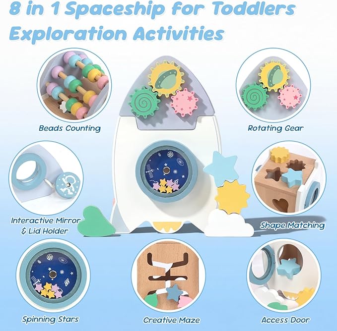 Wooden Space Rocket Activity Cube Toys for Baby, Montessoritoys for 2 3 Year Old Boy & Girl Birthday Gifts, Sensory and Educational Birthday Gifts, Busy Board Toys for Baby Boy