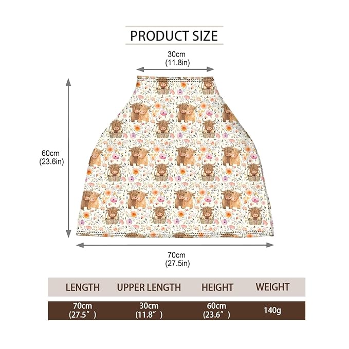 5-in-1 Unisex Highland Cow Pattern Baby Carseat Stroller Cover for Boys Girls, Western Farm Cow Flowers Floral Infant Toddler Privacy Nursing Breastfeeding Canopy, Grocery Shopping Cart Cover-24x28