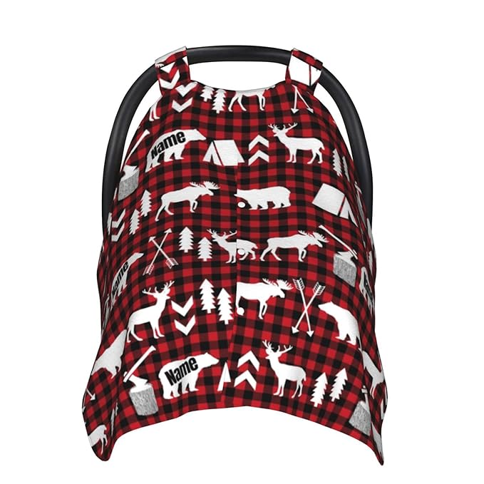 Personalized Baby Name Car Seat Covers for Babies, Custom Car seat Canopy, Peekaboo Opening Breastfeeding Cover Infant Canopies for Baby Boys Girls Newborn (Red Plaid, Woodland Deer and Bear)
