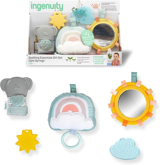 Ingenuity Calm Springs Soothing Essentials Gift Set - Musical Toy, Rattle, Mirror, 2 Teethers for Baby