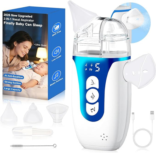 Nasal Aspirator for Baby,2-in-1 Smart Electric Nose Sucker, 2026 Upgraded with AI Anti-Backflow Protection,70Kpa Hospital-Grade Suction,15ml Large Capacity,5 Levels,Ultra-Quiet with Music-Dark Blue