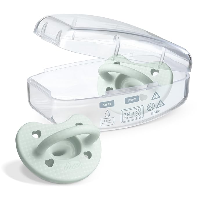 Chicco PhysioForma Luxe Orthodontic Pacifier for Babies 0-6 Months, One-Piece 100% Soft Silicone, Supports Breathing, Textured Shield & Handle, Included Sterilizing Case, BPA Free, 2-Pack, Mint