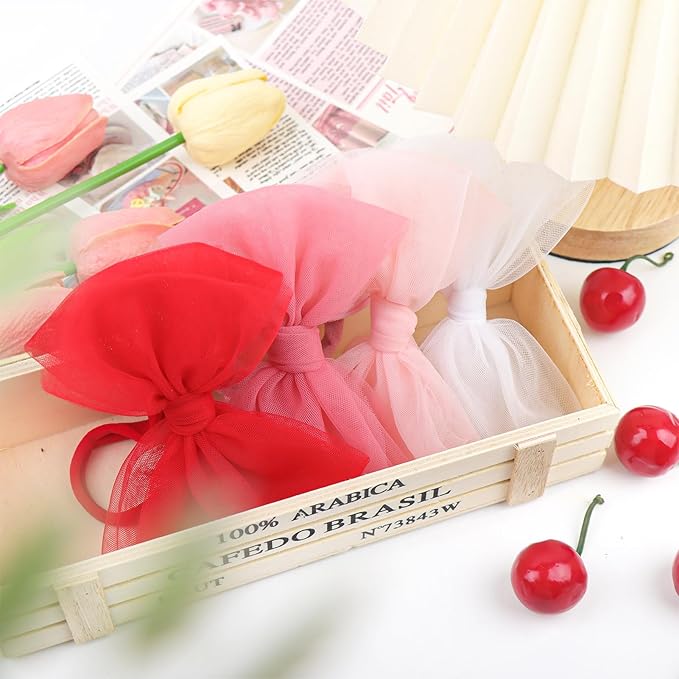 4 Pcs 4.5’’ Organza Lace Bow for Baby Girls White Headbands Pink Mesh Hair Bows Baby Shower Gifts for Newborn Infant Toddler Girl