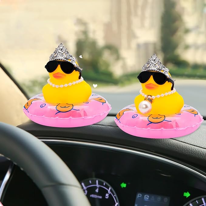 wonuu Car Duck Rubber Duck Car Ornaments Duck Car Dashboard Decorations with Cute Headband Swim Ring Necklace Sunglasses, C-Female Crown&Pearl&Pink