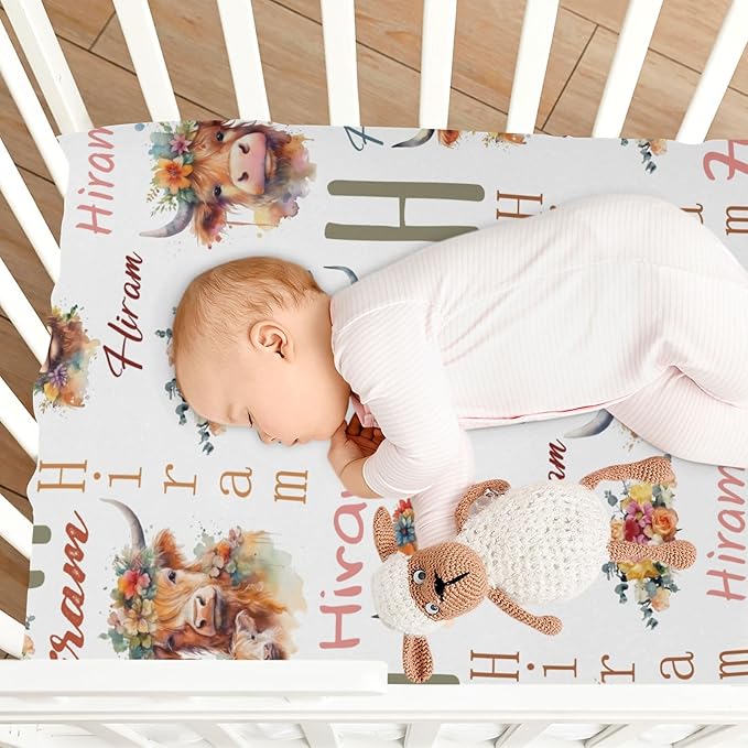 Customized Pack and Play Sheets with Monogram Name, Personalized Highland Cow Cattle Mini Crib Mattress Fitted Sheets for Baby Girls Boys, Soft Breathable Pack n Play Playard Playpen Sheet