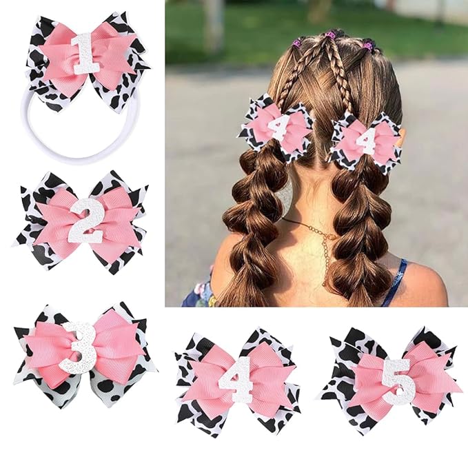 Birthday Hair Clips for Baby Girls - 2Pc Cow Print Bow with White Number Hair Clips for 4th Birthday Baby Bow Party Decorations for Girls Toddlers Hair Accessories (Cow Print -4 Years)