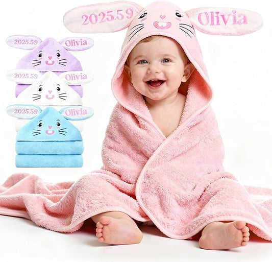 Custom Hooded Baby Towels with Name, Personalized Bunny Easter Gifts for Toddlers, Custom Baby Bath Towels for Newborn, Ultra Soft and Absorbent, Ideal for Girl Boy (Bunny)