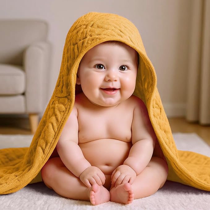 VitalCozy 12 Pcs Baby Muslin Hooded Bath Towels and Washcloths, Muslin Hooded Baby Towels Absorbent Blankets for Gift Newborn Infant Shower (Warm Color)