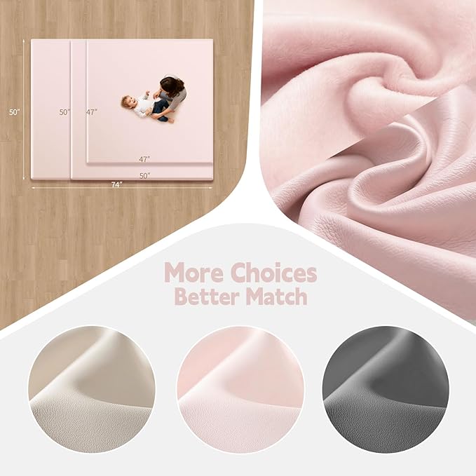PU Leather Baby Play Mat for Floor, 74"×50" Playpen Mat, 1.3" Thick Elasti-Foam, Non-Slip Crawling Mat for Tummy Time, Waterproof & Wipe-Clean Playmat for Toddler,Infant, Kids (Pink)