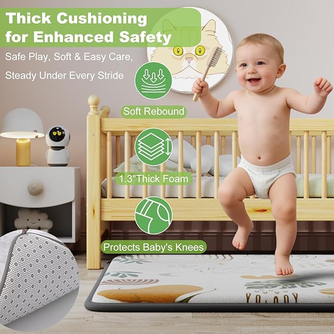 1.3" Thick Baby Play Mat for Floor, Elasti-Foam 50x50 Playpen Mat, Water Repellent Ultra Soft Coral Velvet Tummy Time Crawling Mats for Kid Toddlers Infants, Non-Slip Backing Safe for Earth Tones