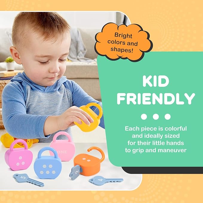 GEERAY Cause and Effect Toys for Toddlers 3+, Montessori Lock & Key Set with 5 Apple-Shaped Locks, Keys & 10 Cards – Learn Numbers, Colors & Motor Skills STEM Toy Gift for Home & Classroom