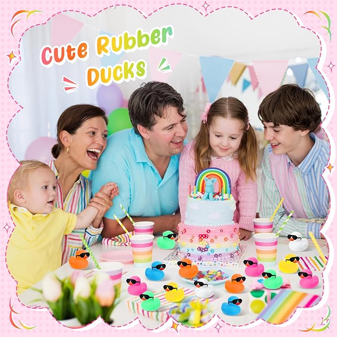 Hiboom 300 Pack Mini Rubber Ducks Set Bath Toys in Bulk with Sunglasses Float Squeak Tiny Baby Shower Rubber Duck Bathtub Pool Toy for Kids Party Birthday Supplies Prize Rewards(Colorful)