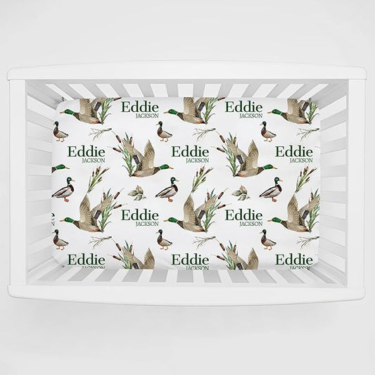 Personalized Pack and Play Sheets with Name, Custom Wild Ducks Baby Mini Crib Sheets for Baby Boys Girls, Name Pack n Play, Fitted Sheet with Name, Soft and Breathable Material